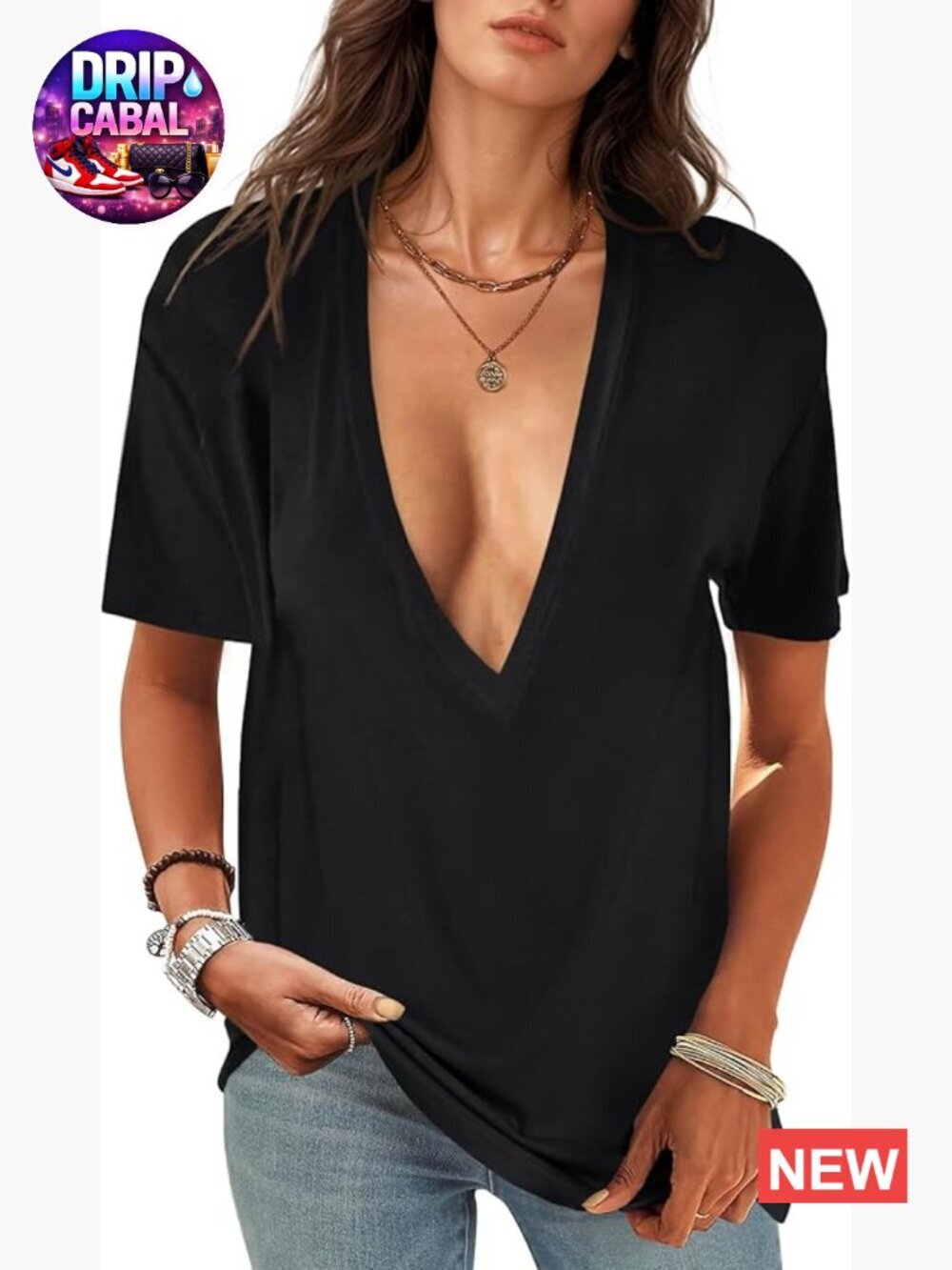 Deep V-Neck Short Sleeve Oversized T-Shirt Summer Top